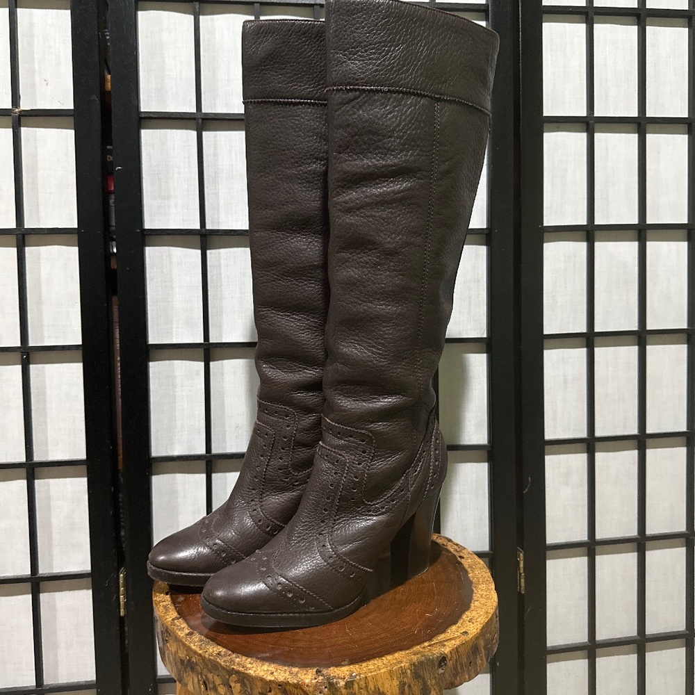 Michael Kors Penelope Dark Brown Leather Wingtip Knee Boot 7